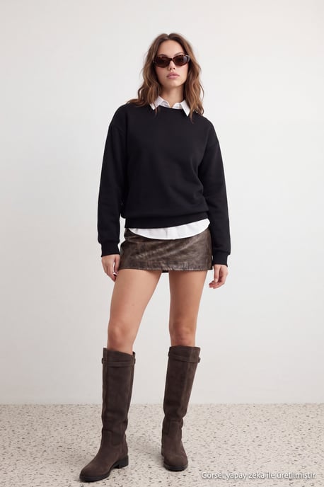 TRENDYOLMİLLA Dam Svart Enfärgad Lång Regular fit Sweatshirts - Image 6