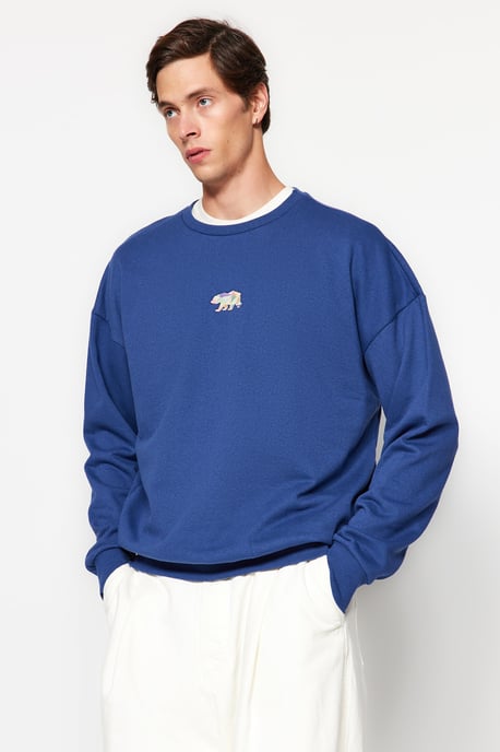 TRENDYOL MAN Men's Dark blue Plain Long Oversize Sweatshirts - Image 5