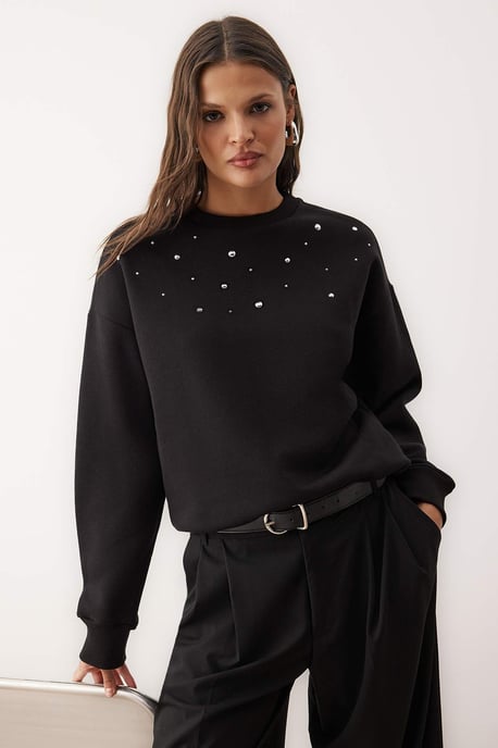 TRENDYOLMİLLA Dames Zwart Effen Lang Relaxed fit Sweatshirts - Image 6
