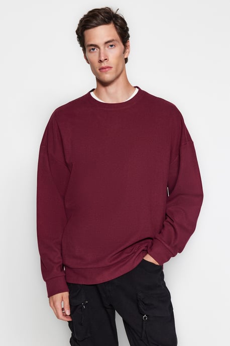 TRENDYOL MAN Herr Vinröd Enfärgad Lång Oversize Sweatshirts - Image 6