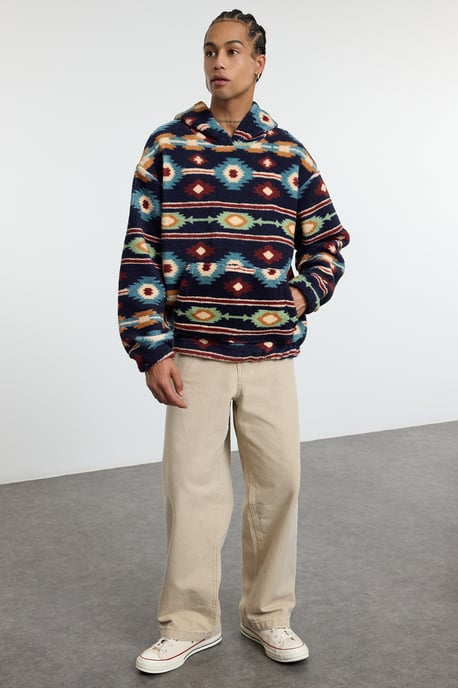 TRENDYOL MAN Unisex Donkerblauw Retro Lang Oversized Sweatshirts - Image 1