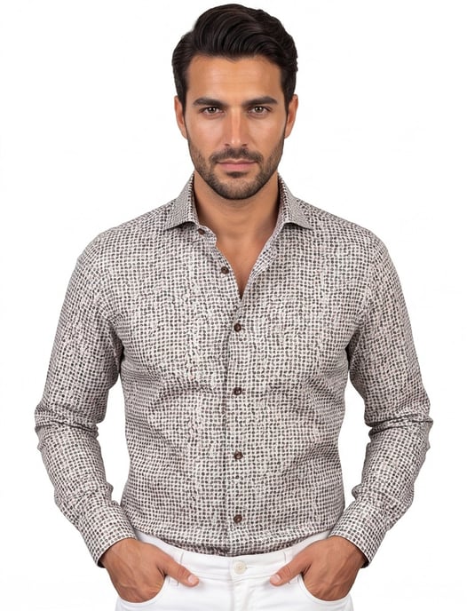 John Miller overhemd bruin dessin Tailored Fit - Image 1