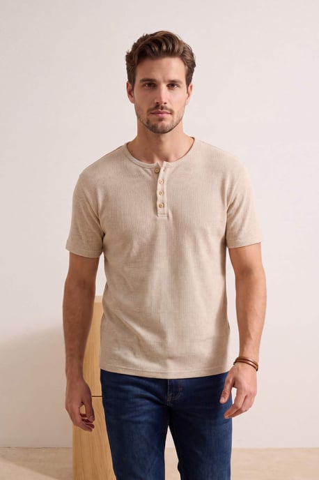 TRENDYOL MAN Men's Beige Plain Short Regular fit T-Shirts - Image 1