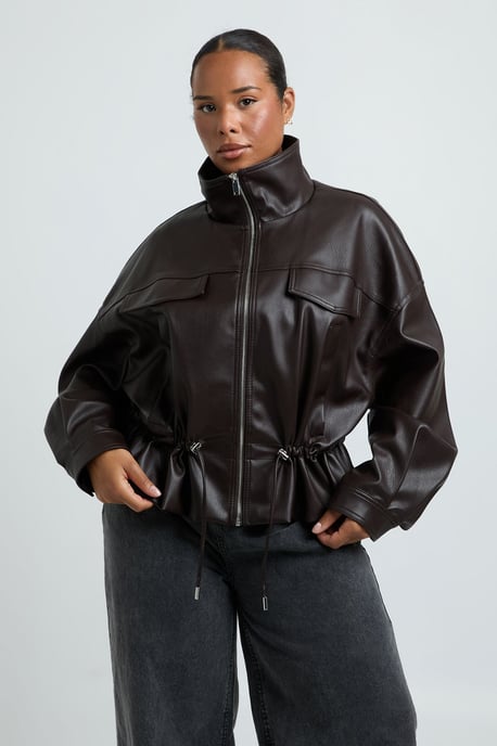 Plus Faux Leather Funnel Neck Cinched Waist Jacket - Image 1