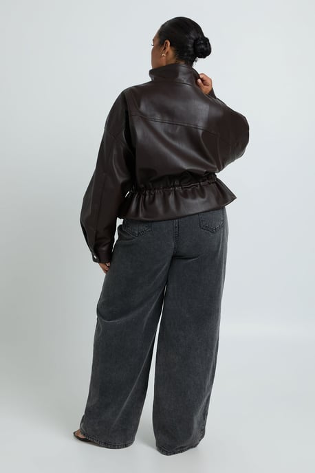 Plus Faux Leather Funnel Neck Cinched Waist Jacket - Image 2
