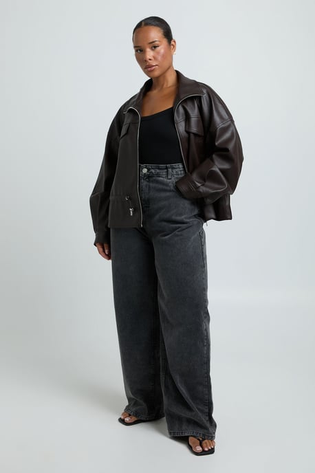 Plus Faux Leather Funnel Neck Cinched Waist Jacket - Image 3