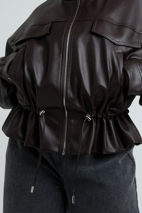 Plus Faux Leather Funnel Neck Cinched Waist Jacket - Image 4