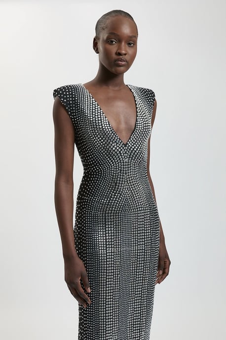 Premium Crystal Embellished Jersey Sleeveless Plunge Neck Midi Dress - Image 2