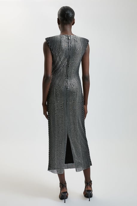 Premium Crystal Embellished Jersey Sleeveless Plunge Neck Midi Dress - Image 3