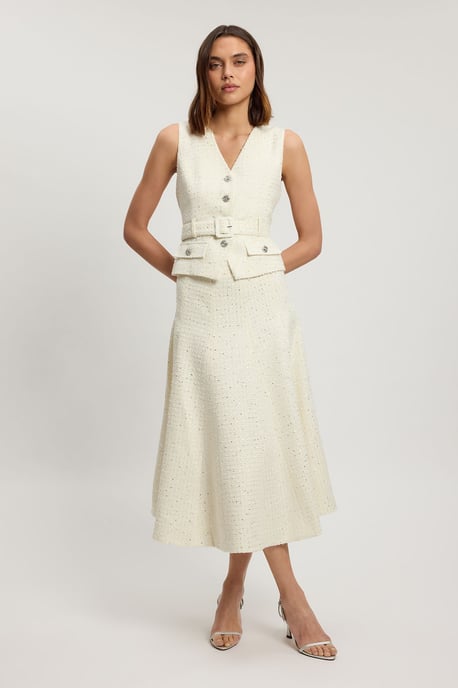 Boucle Tailored Sleeveless Satin Mix Full Skirted Midi Dress - Image 1