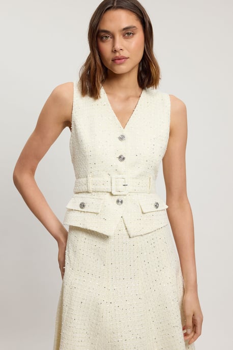 Boucle Tailored Sleeveless Satin Mix Full Skirted Midi Dress - Image 2