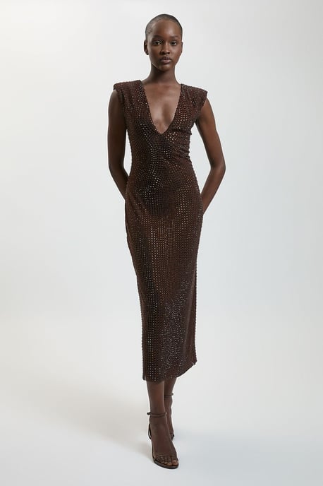 Premium Crystal Embellished Jersey Sleeveless Plunge Neck Midi Dress - Image 1