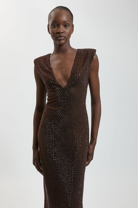 Premium Crystal Embellished Jersey Sleeveless Plunge Neck Midi Dress - Image 2