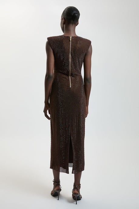 Premium Crystal Embellished Jersey Sleeveless Plunge Neck Midi Dress - Image 3
