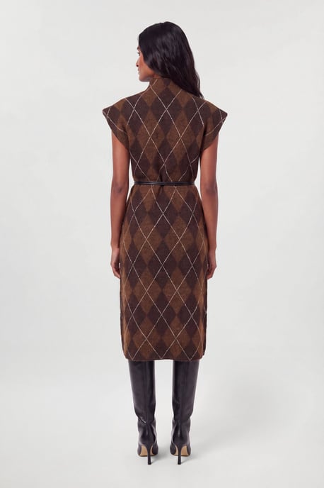Studded Argyle Wool Blend Cosy Knit Belted Midi Dress - Image 2