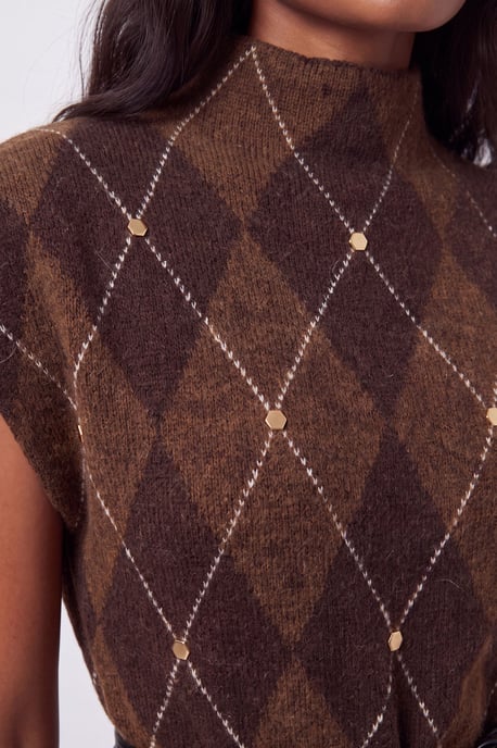 Studded Argyle Wool Blend Cosy Knit Belted Midi Dress - Image 3