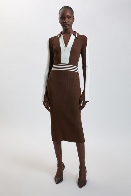 Rib Knit Polo Zip Up Midi Dress - Image 1