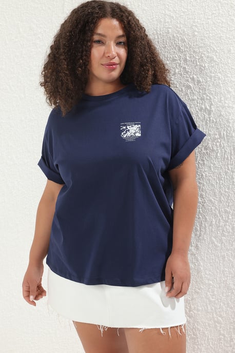 Trendyol Curve Women's Dark blue Back–print Short Oversize Plus Size T-Shirts - Image 1