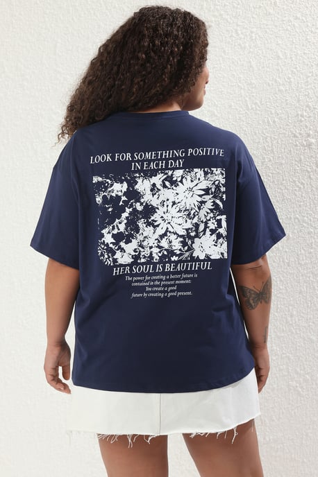 Trendyol Curve Women's Dark blue Back–print Short Oversize Plus Size T-Shirts - Image 2
