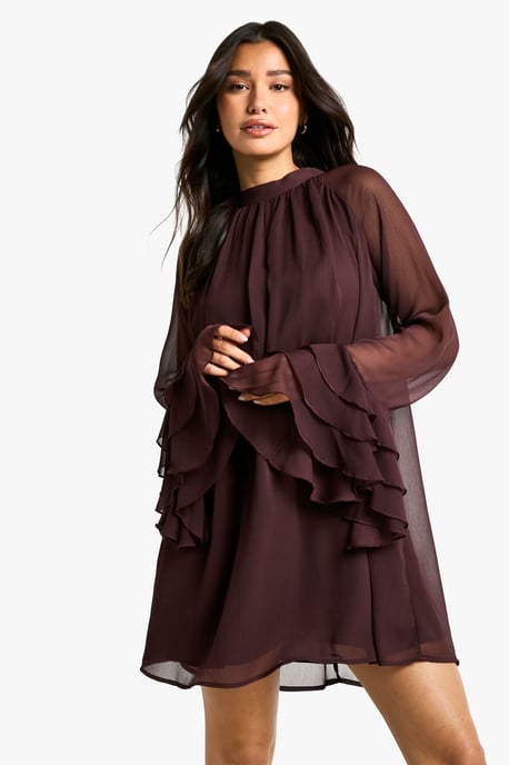 Tall High Neck Volume Sleeve Chiffon Smock Dress - Image 1