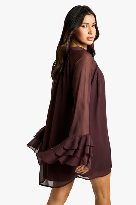 Tall High Neck Volume Sleeve Chiffon Smock Dress - Image 2