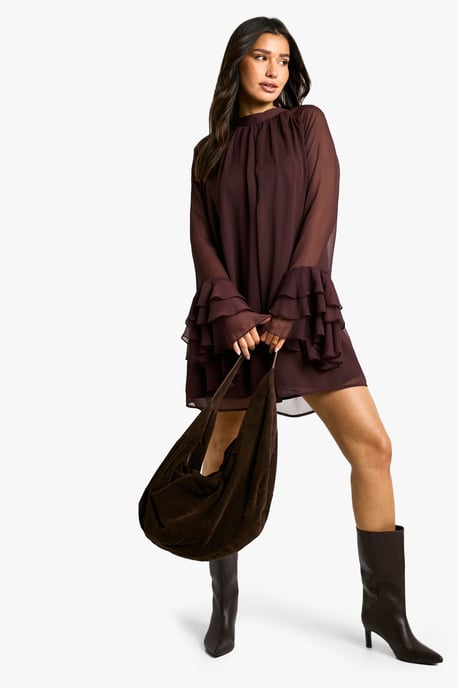 Tall High Neck Volume Sleeve Chiffon Smock Dress - Image 3