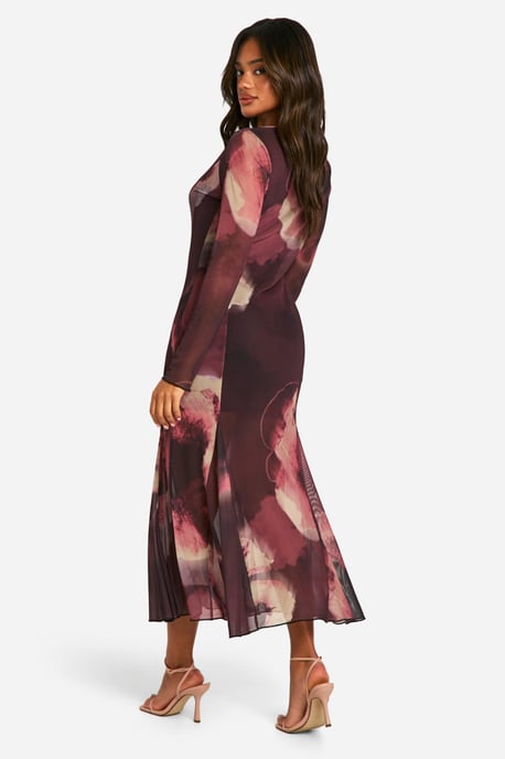 Slash Neck Floral Mesh Print Godet Hem Midaxi Dress - Image 2