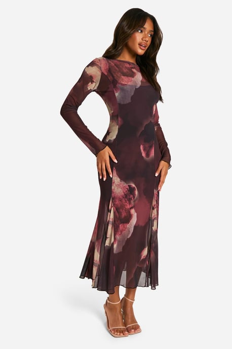 Slash Neck Floral Mesh Print Godet Hem Midaxi Dress - Image 3