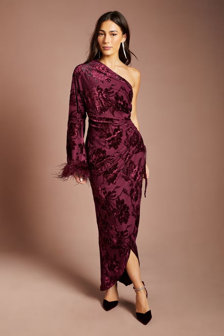 One Shoulder Feather Cuff Velvet Burnout Maxi Dress - Image 1