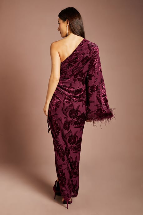 One Shoulder Feather Cuff Velvet Burnout Maxi Dress - Image 3