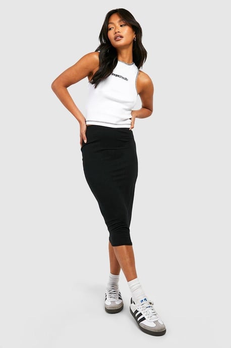 Basic Solid Black High Waisted Midi Skirt - Image 1