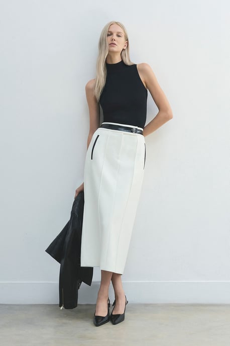 Forever Compact Stretch & PU Turn Lock Detail Tailored Midi Pencil Skirt - Image 1