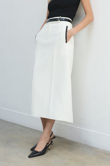 Forever Compact Stretch & PU Turn Lock Detail Tailored Midi Pencil Skirt - Image 2