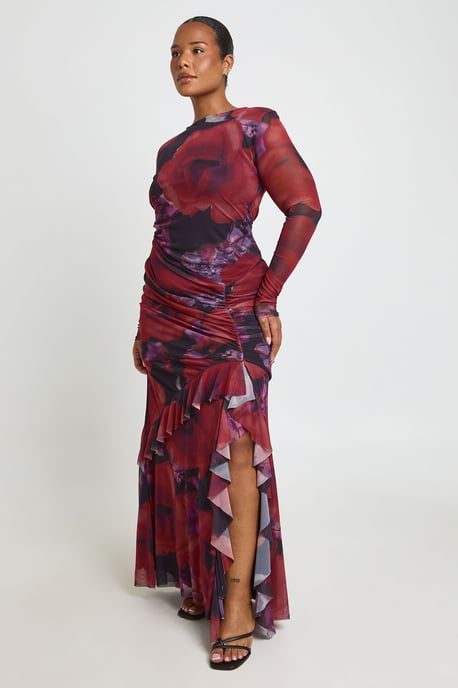 Plus Floral Mesh Ruffle Ruched Maxi Dress - Image 1