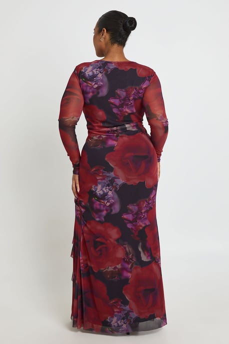Plus Floral Mesh Ruffle Ruched Maxi Dress - Image 2
