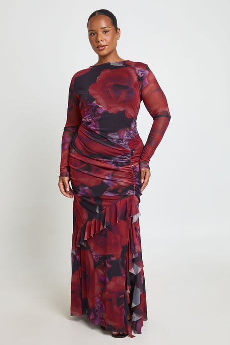 Plus Floral Mesh Ruffle Ruched Maxi Dress - Image 3