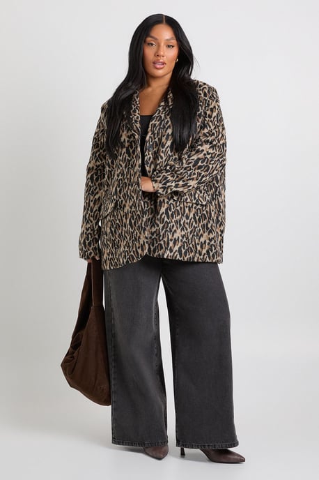 Plus Leopard Print Shoulder Pad Detail Wool Look Blazer - Image 3