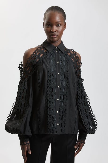 Tape Detail Cold Shoulder Woven Blouse - Image 1
