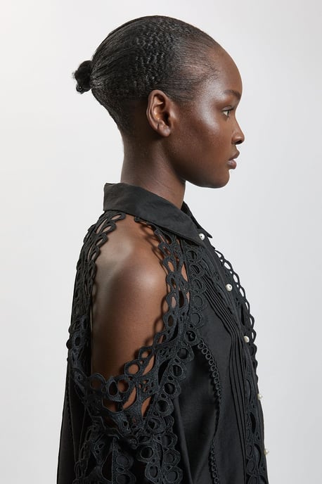 Tape Detail Cold Shoulder Woven Blouse - Image 2