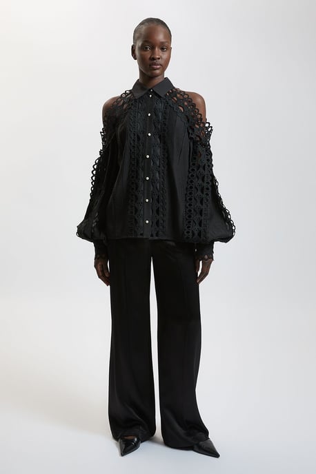 Tape Detail Cold Shoulder Woven Blouse - Image 3