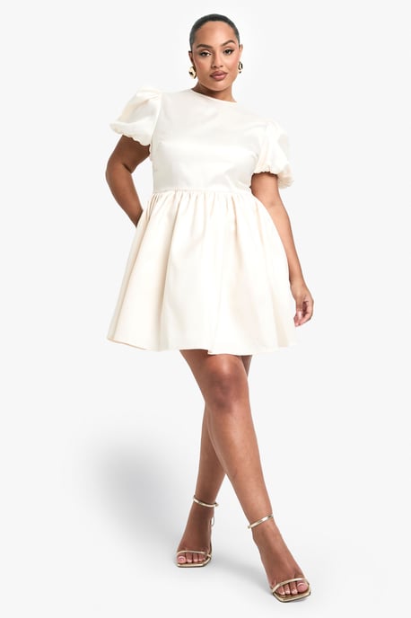 Plus Taffeta Bow Back Puff Sleeve Skater Dress - Image 1