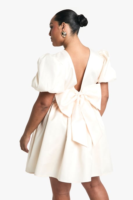 Plus Taffeta Bow Back Puff Sleeve Skater Dress - Image 2