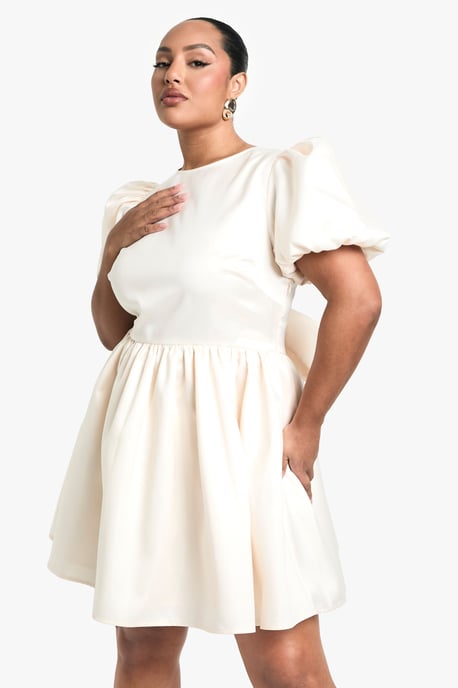 Plus Taffeta Bow Back Puff Sleeve Skater Dress - Image 3