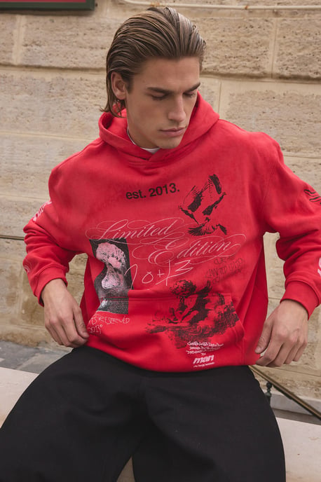 Red Oversized Renaissance Doodle Print Spray Wash Hoodie - Image 1