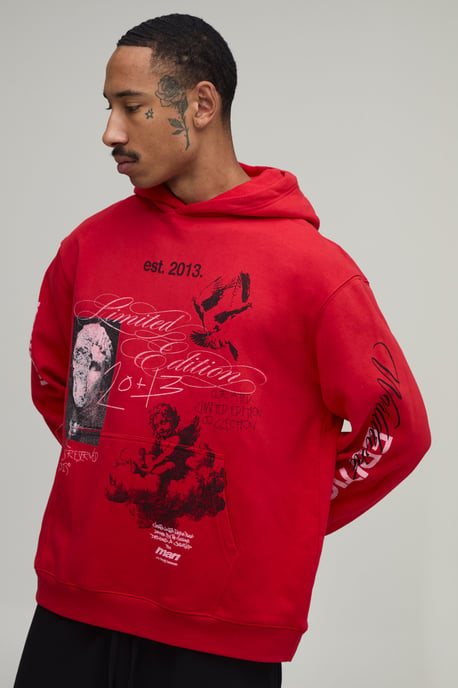 Red Oversized Renaissance Doodle Print Spray Wash Hoodie - Image 2