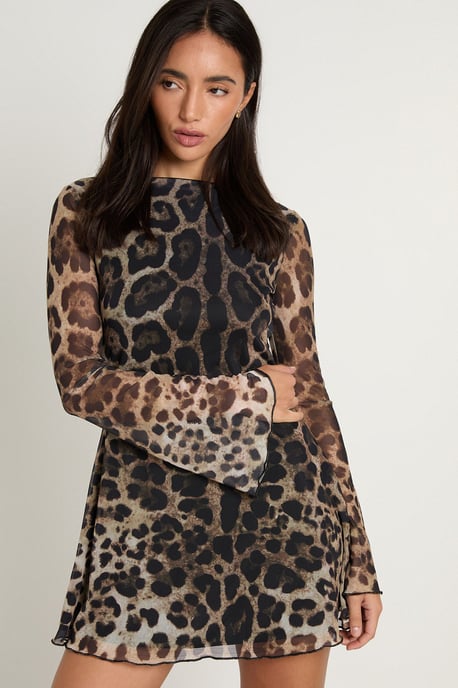 Leopard Mesh Flare Sleeve Mini Dress - Image 1