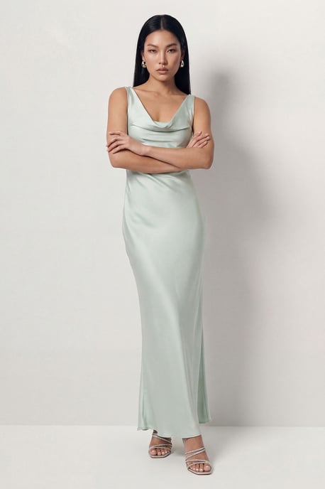 Premium Satin Cowl Neck Fishtail Maxi Bridesmaid Dress - Image 1