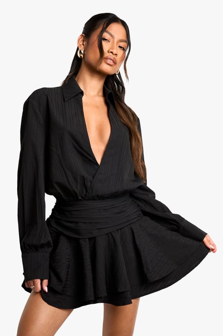 Textured Ruched Frill Skirt Mini Dress - Image 1