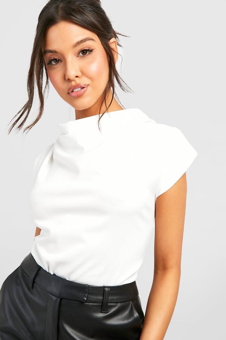 Cowl Neck Crepe Shoulder Pad Blouse - Image 1