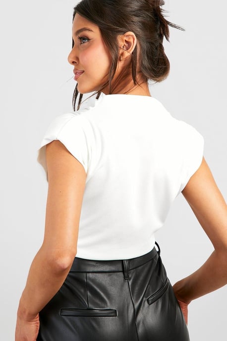 Cowl Neck Crepe Shoulder Pad Blouse - Image 2